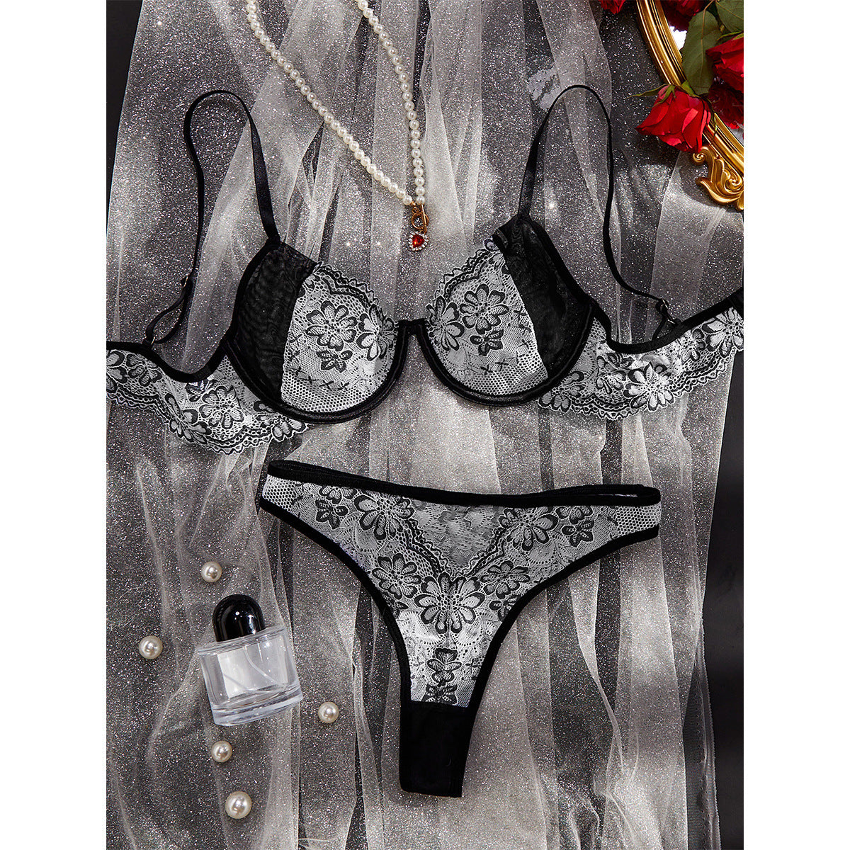 Newly Released at Buy Center: Women's Fashion Floral Embroidered Underwear Suit