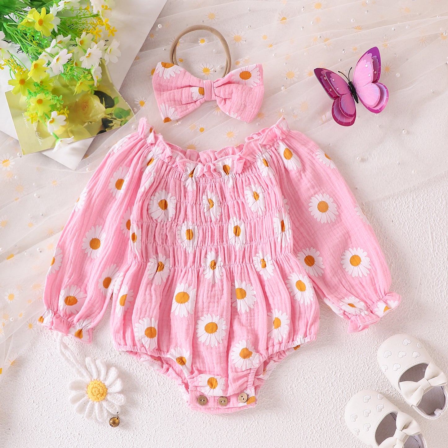 Hot New Items at Buy Center: Baby Girl Floral Long Sleeve With Headdress Overalls