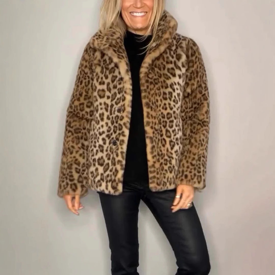 Winter New Women's Fashionable Leopard Print Lapel Faux Leather Woolen Top | Women's Clothing3 | Buy Center