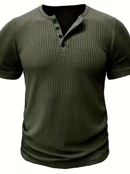 Solid Stripe Pattern Knit Short Sleeve T-shirt With Henley Neck, Chic And Stylish Sports Tops For Men's Summer Leisurewear And Outdoors Activities