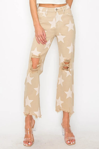 RISEN Full Size High Rise Star Printed Frayed Hem Jeans Buy Center