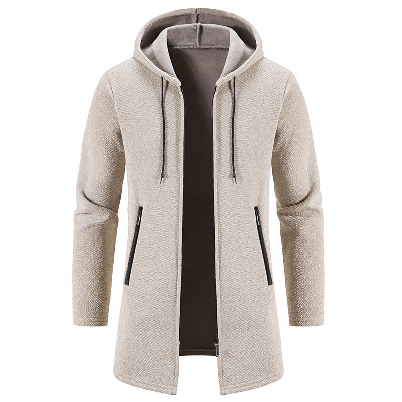 Autumn And Winter Fleece-lined Thickening Trendy Solid Color Men's Cardigan Mid-length Hooded Jacket Buy Center