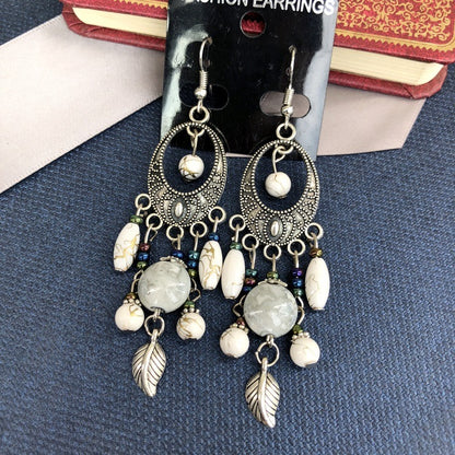 Buy Center Handpicked- Bohemian Retro Ethnic Style European And American Antique Silver Earrings Goddess Style Marble White