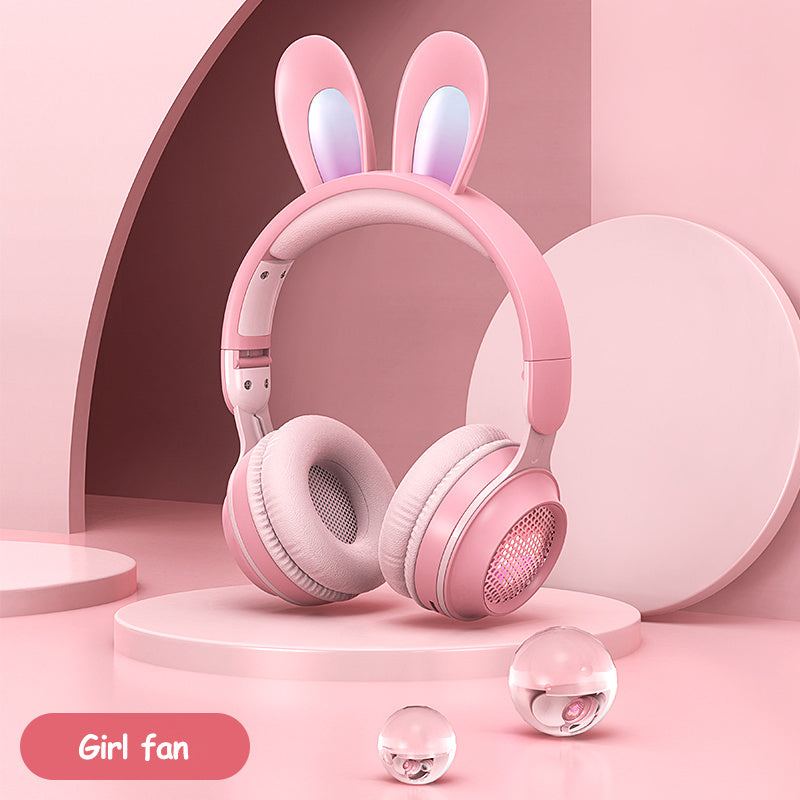 Rabbit Ear Headphones Wireless Luminous Extendable Wheat Headphones Pink