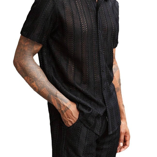 Men's Elegant Lace Translucent Short-sleeved Shirt