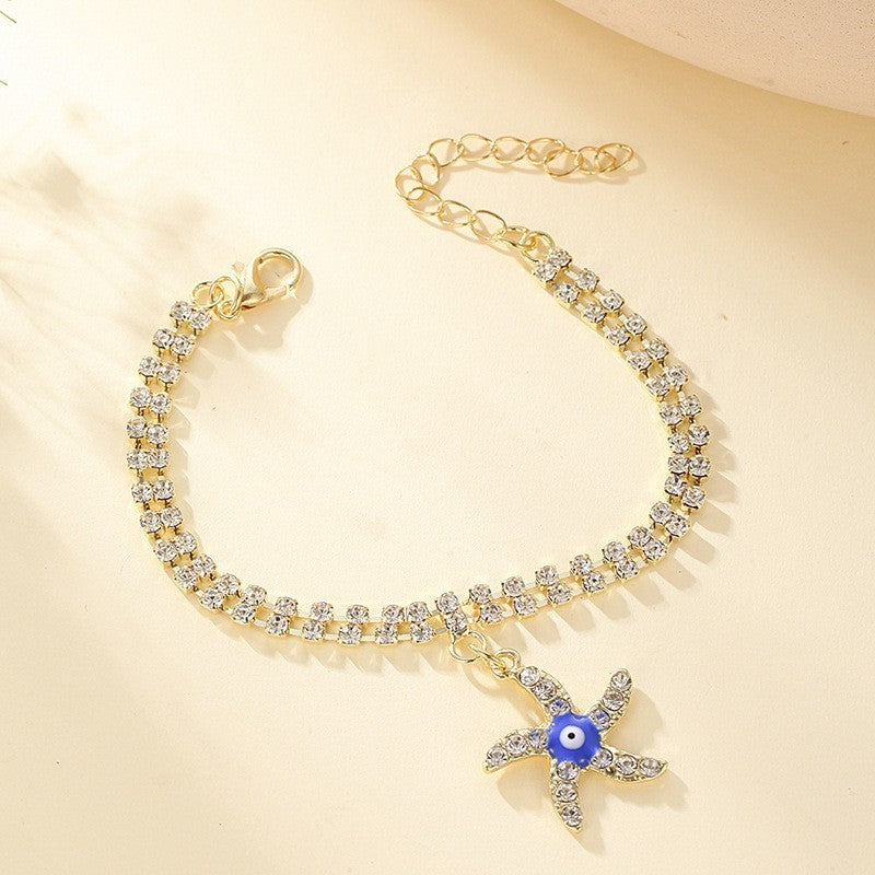 Buy Center Best Value-Devil Blue Eye Bracelet Palm Sea Star Evil Eye Full Diamond Double Layer Bracelet