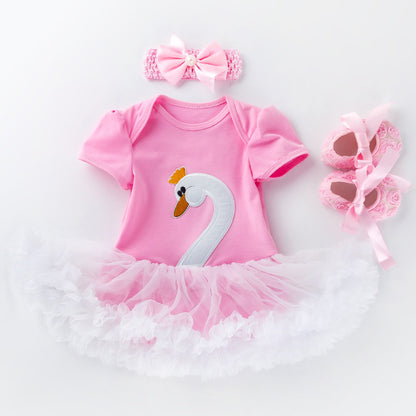 Swan Short Sleeve Baby's Gown Shoes Hair Accessories Three-piece Suit Buy Center