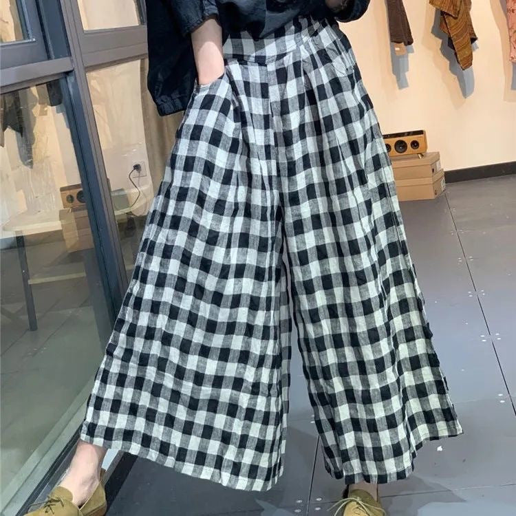 Fresh on the Scene at Buy Center: Plus Size Imitation Cotton And Linen Plaid Casual Cropped Pants For Women Black And White Large Plaid