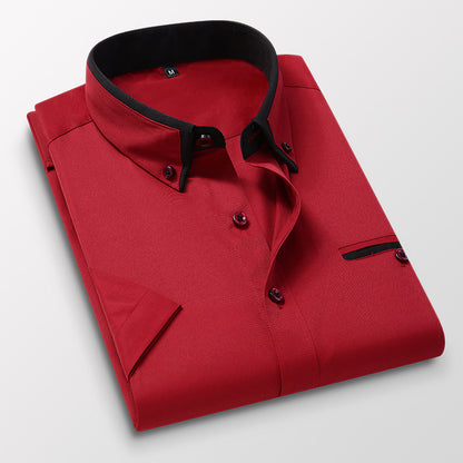 Short-sleeved Short Sleeve Men Clothing Shirt Slim-fitting Iron-free Casual Red