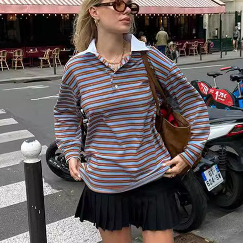 Buy Center Premium-V-collar Contrast Color Striped Long Sleeve T-shirt Fashion