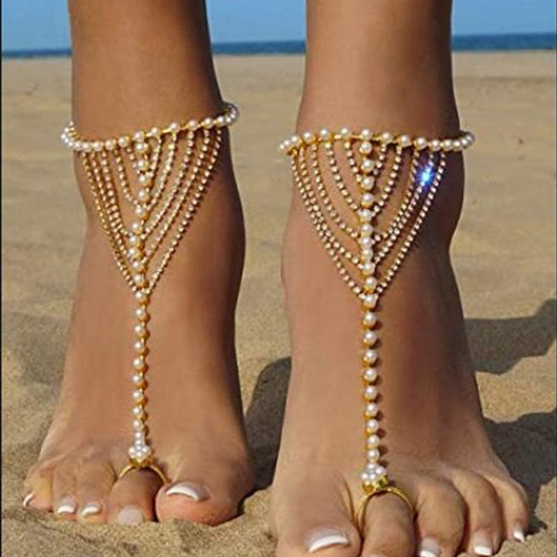 Adornos para pies de playa, moda, lujo, multicapa, cadena de garra de diamante, borla de perla