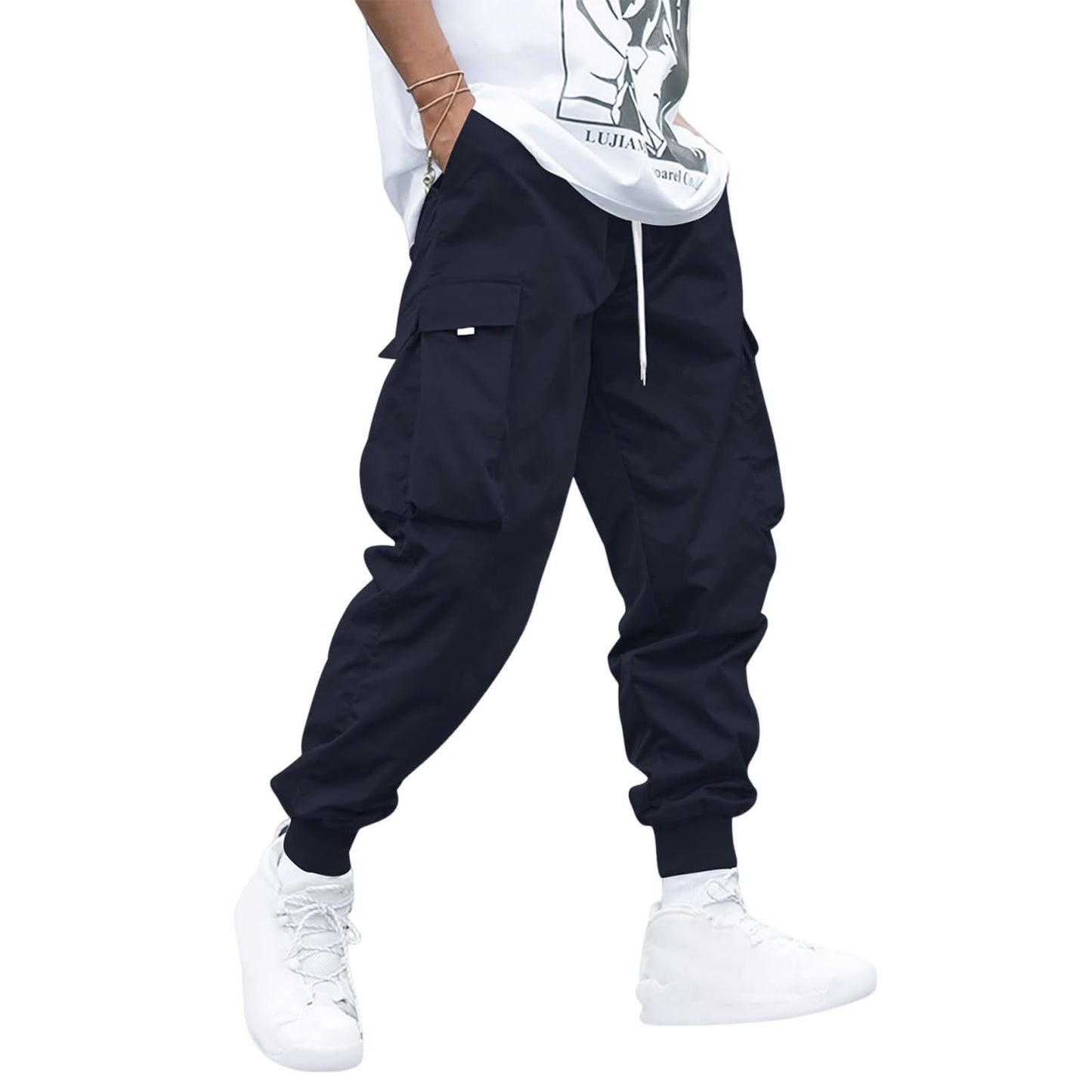 Buy Center Picks-Men's Flip Pocket Drawstring Technology Cargo Pants Sports Elastic Jogging Casual Pants Dark Blue