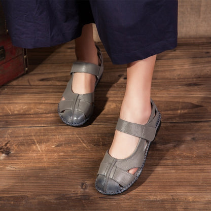 Just Arrived at Buy Center: Handmade Retro Genuine Leather Sandals Comfortable Soft Bottom Flower Cowhide Velcro Gray