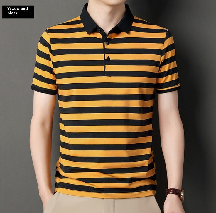 Summer Short-sleeved T-shirt Men's Cotton Ice Silk Polo Collar Stripes Youth Undershirt Buy Center