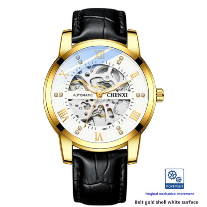 Buy Center Handpicked- Hollow Automatic Mechanical Watch Belt Waterproof Belt Gold Shell White Surface