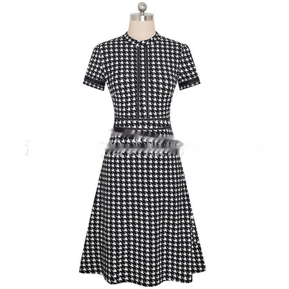 Fresh on the Scene at Buy Center: Round Neck Short Sleeve Slim Fit Slimming Elegant Graceful Business Dress White Houndstooth