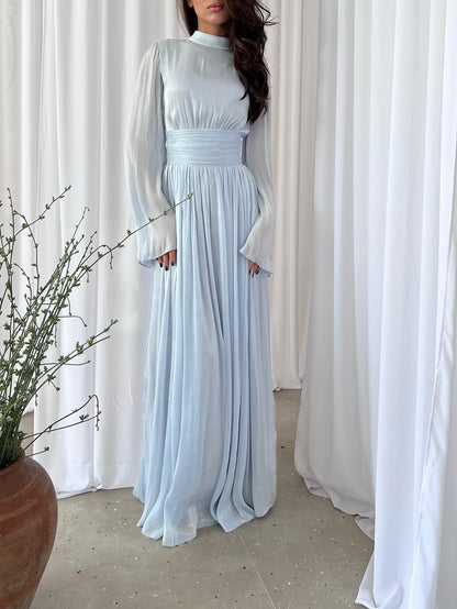 Just Arrived at Buy Center: Solid Color Long Sleeve Silk Organ Maxi Dress