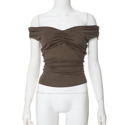 Buy Center Trend-New Solid Color V-neck Sleeveless Pleated Camisole T-shirt Top Brown