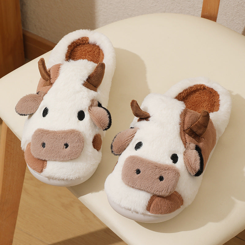 Cute Cow Animal Slipper For Women Girls Fashion Kawaii Soft Fluffy Winter Warm Slippers Woman Cartoon Milk Cow House Slippers Funny Shoes Coffee