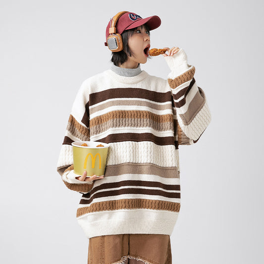 Japanese Round Neck Sweater Men's Striped Color Contrast Patchwork | Men's Clothing3 | Buy Center