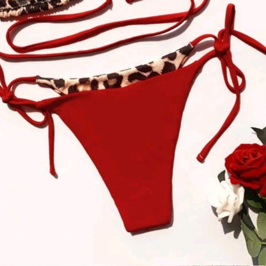 Just Arrived at Buy Center: Women's Leopard Print Split Swimsuit Halter Lace-up Bikini Suit