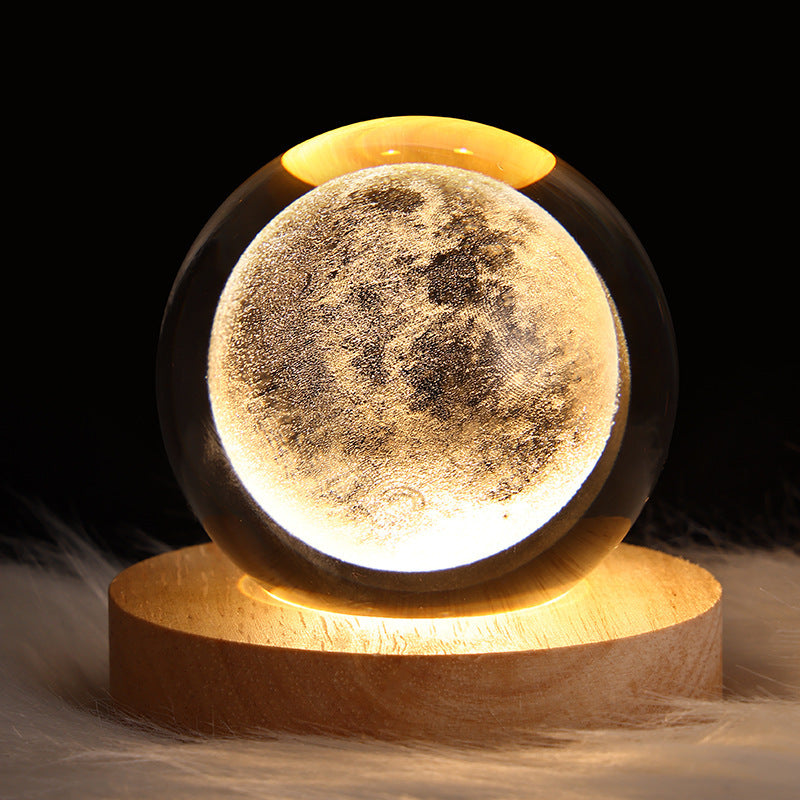 LED Night Light Galaxy Crystal Ball Table Lamp 3D Planet Moon Lamp Bedroom Home Decor For Kids Party Children Birthday Gifts Solid Wood Seat Moon 6CM USB