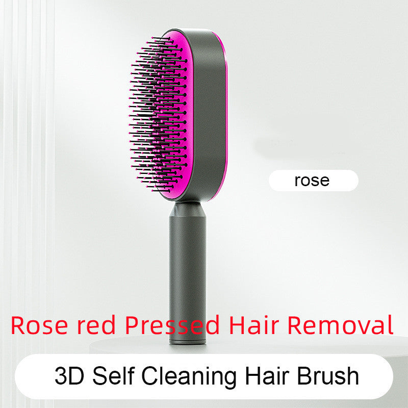 Self Cleaning Hair Brush For Women One-key Cleaning Hair Loss Airbag Massage Scalp Comb Anti-Static Hairbrush Rose red Pressed Hair Removal