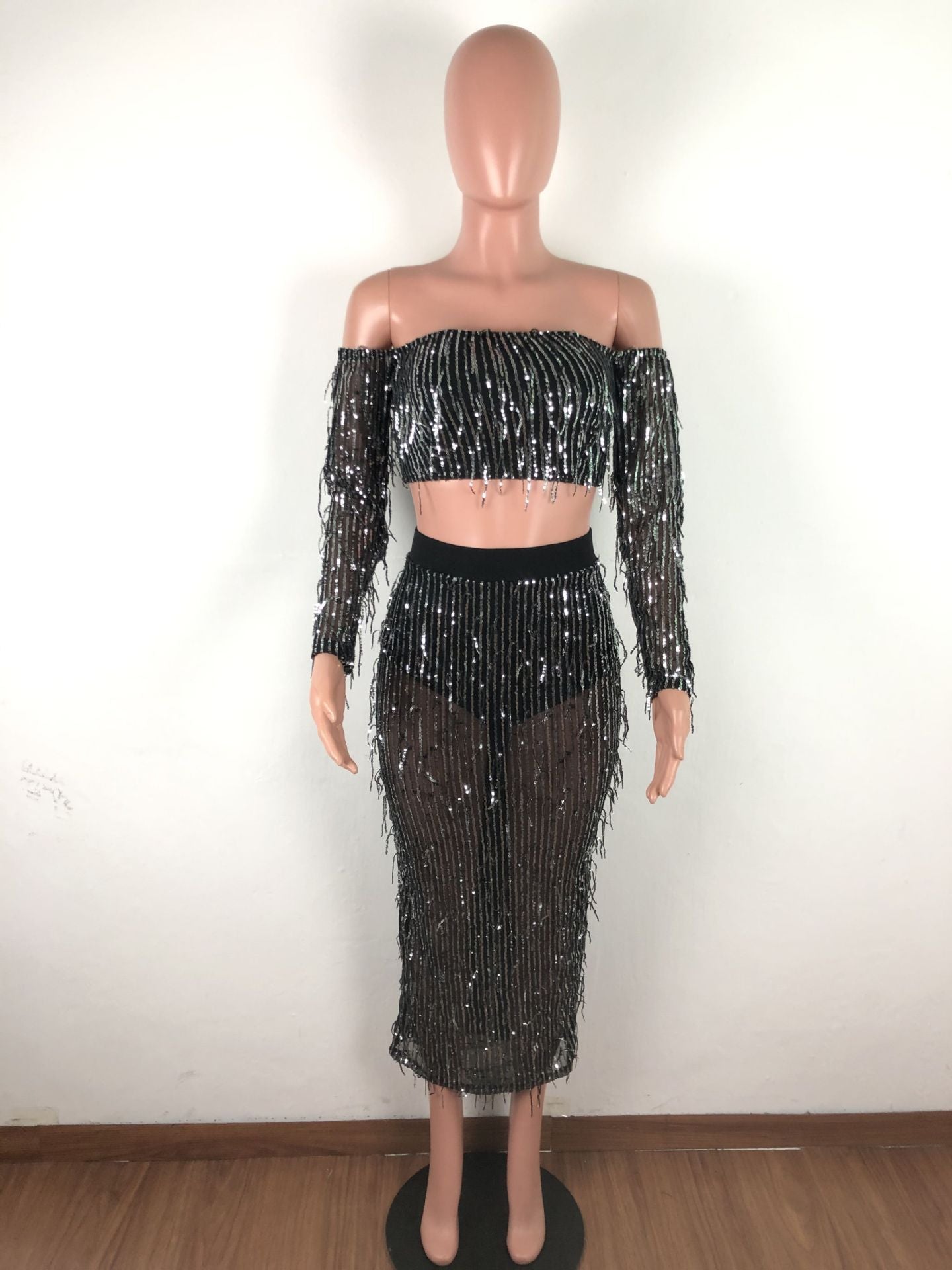 Fashion Sexy See-through Mesh Sequins Tassel Two-piece Set Buy Center