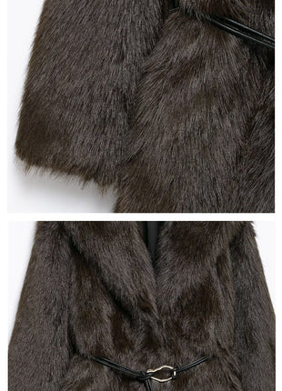 New Faux Fur Plush Lapel And Waist Tight Coat