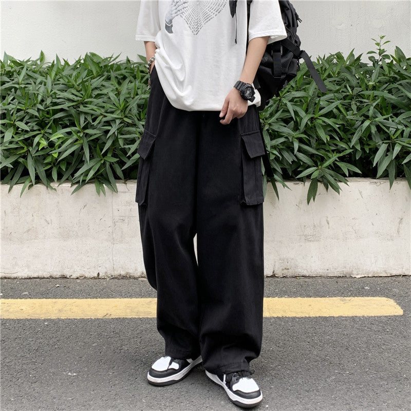 Japanese-style Retro Pants Men's Solid Color Wide Leg Washed Cotton Overalls Straight Loose Casual Trousers Black