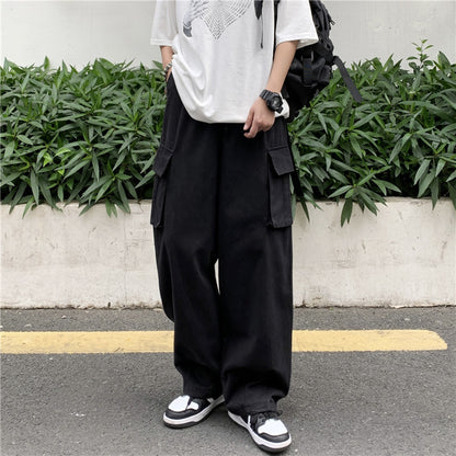 Japanese-style Retro Pants Men's Solid Color Wide Leg Washed Cotton Overalls Straight Loose Casual Trousers Black