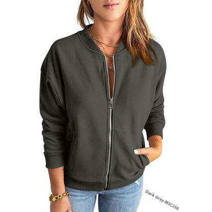 Women's Solid Color Zipper Jacket Coat Fashion Casual Cardigan Long Sleeve Stadiumjumper Dark Gray