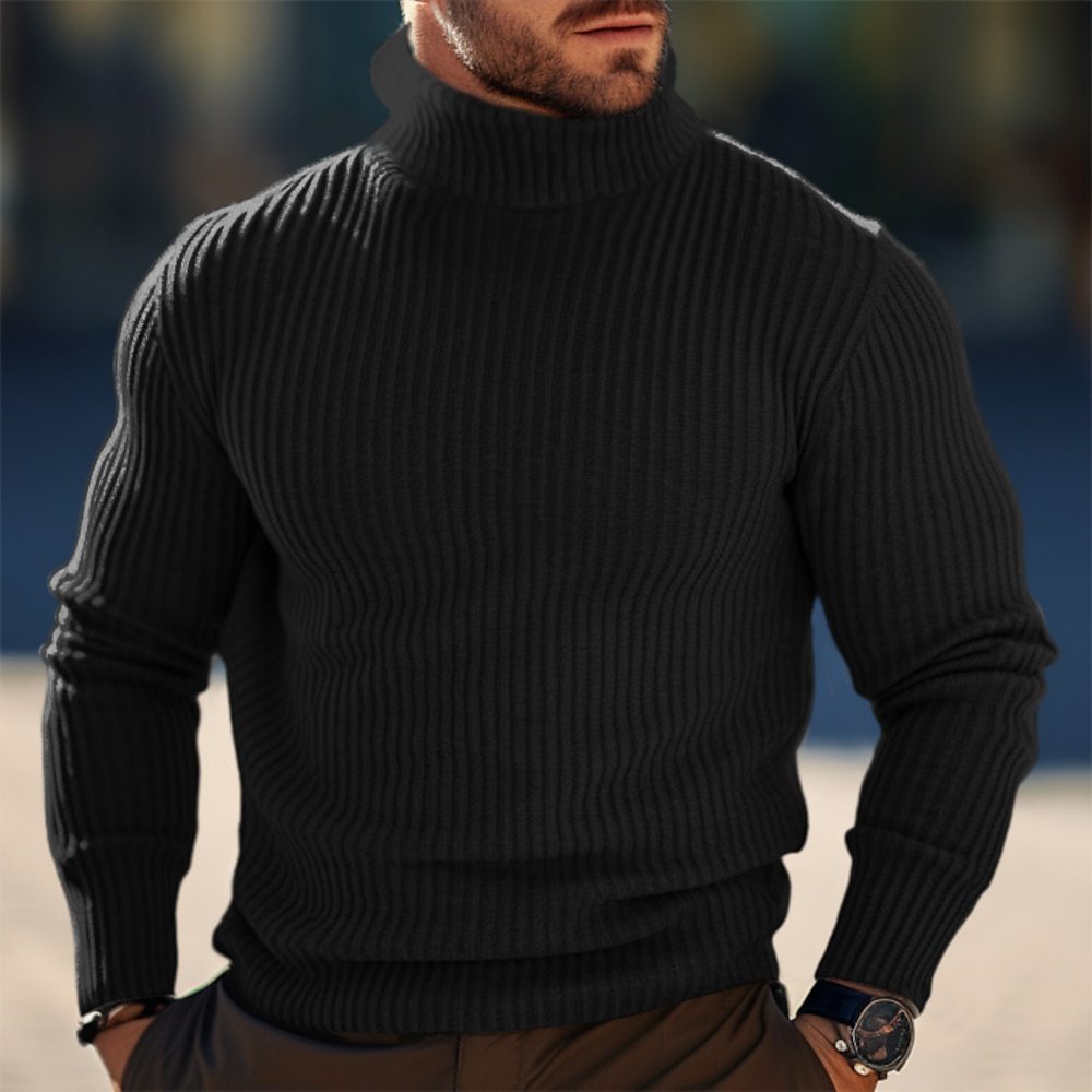 Autumn And Winter Turtleneck Solid Color Striped Sweater Men Buy Center