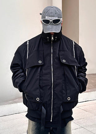 Veste de baseball fonctionnelle à col montant en coton rembourré avec fermeture éclair et ruban d'hiver