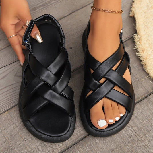 Just Arrived at Buy Center: Outside Flat Platform Cross Strap Roman Stylish Beach Women's Sandals Black