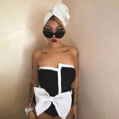 Trending Now at Buy Center: Black And White Color-blocking Bow Irregular Tube Top One-piece Swimsuit For Women