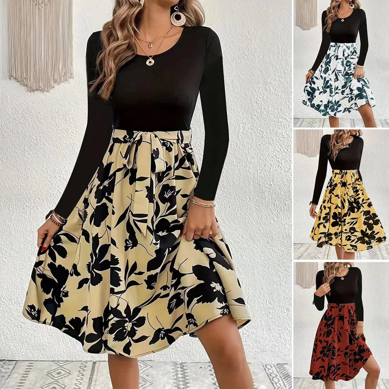 Fresh Arrivals at Buy Center: Floral Print Long Sleeve Dress Fashion Round Neck Tie Slim Dress Women's Clothing