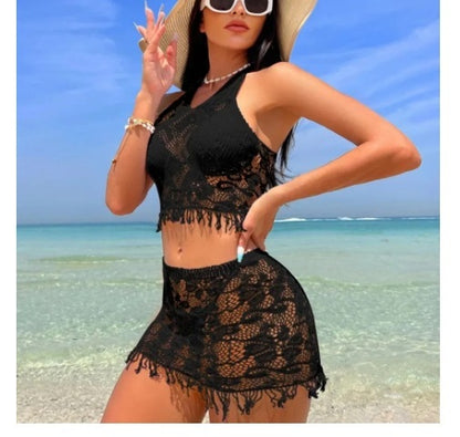 Trending Now at Buy Center: Women's Spring And Summer Beach Cover-up Tassel Skirt Lace Bikini Swimsuit Two-piece