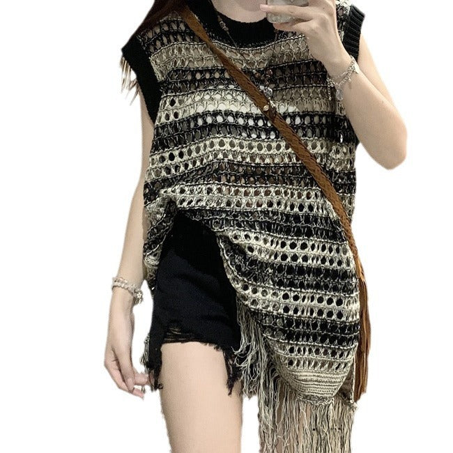 Buy Center Handpicked- Niche Retro Design Hollow Sleeveless Knitwear