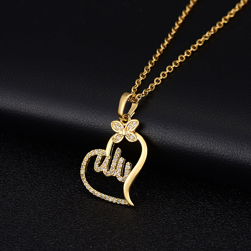 Buy Center Hot Pick-Copper Micro Inlaid Zircon Heart-Shaped Round Necklace Heart shaped gold