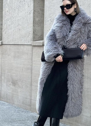 Gray Lapel Extended Plush Coat Warm Thickened Fleece-lined