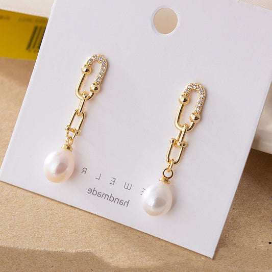 New Natural Freshwater Pearl Fashionable Retro Horseshoe Buckle S925 Silver Needle Earrings