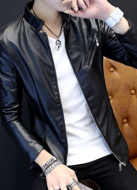 Slim Trendy Youth Stand Collar Leather Jacket Coat