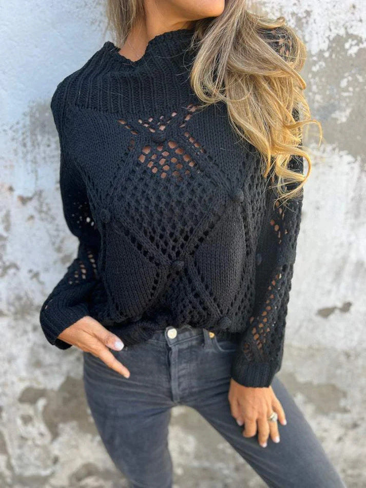 Buy Center Ultimate-European And American Leisure Loose Hollow Out Sweater Round Neck Knitted Top Black