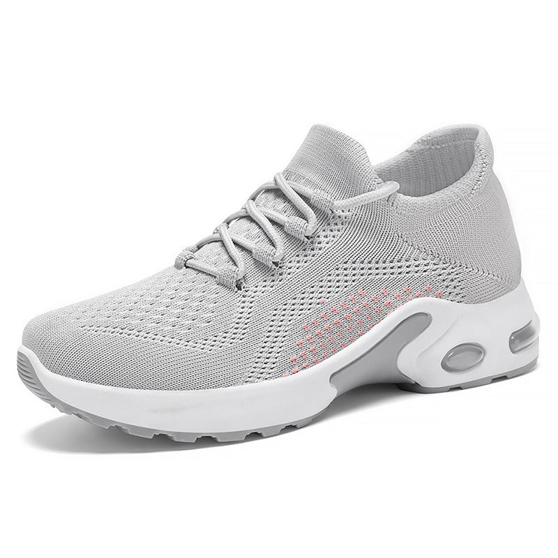 New at Buy Center: Lace-up Air Cushion Sneakers Women Flying Woven Breathable Casual Mesh Shoes Summer Grey