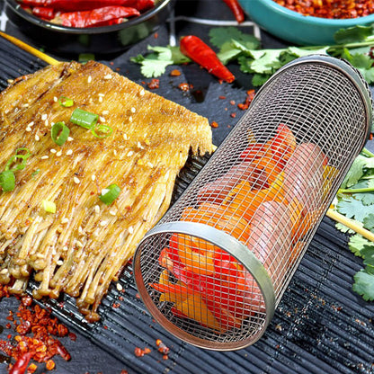 Rolling Grilling Basket Metal BBQ Barbecue Basket Net Portable Outdoor Camping Barbecue Rack Kitchen Gadgets