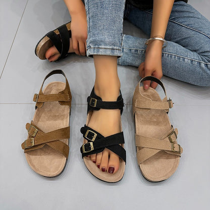 Just Arrived at Buy Center: Women's Belt Buckle Cross Strap Large Size Flat Bottom Casual Slippers