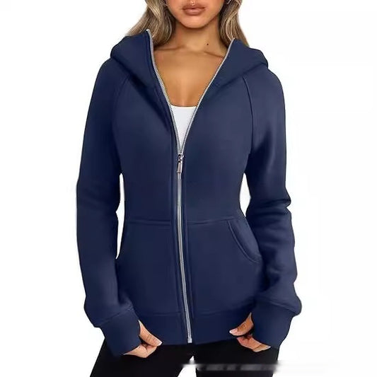 Women's Zipper Short Hood Fleece Lined Solid Color Hoodie Sweater | Women's Clothing4 | Buy Center