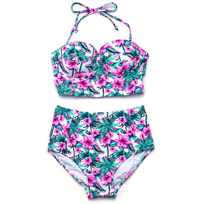 Hot New Items at Buy Center: Sweet Floral Gathering Steel Bracket Hard Cup High Waist Anti-exposure Split Swimsuit Pink Floral Style