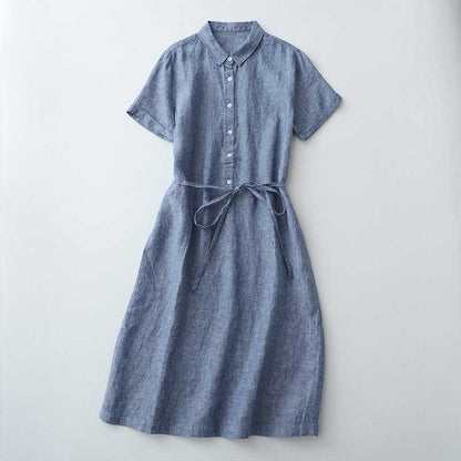 Linen Front Half-open Buckle Waist Lace-up Short Sleeve Dress Buy Center